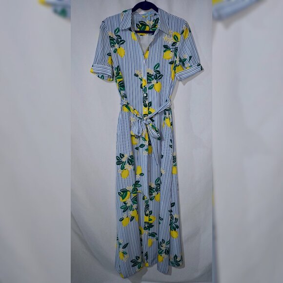 Draper James Silk Lemon-Print Maxi Shirtdress Size 8 - Picture 1 of 16